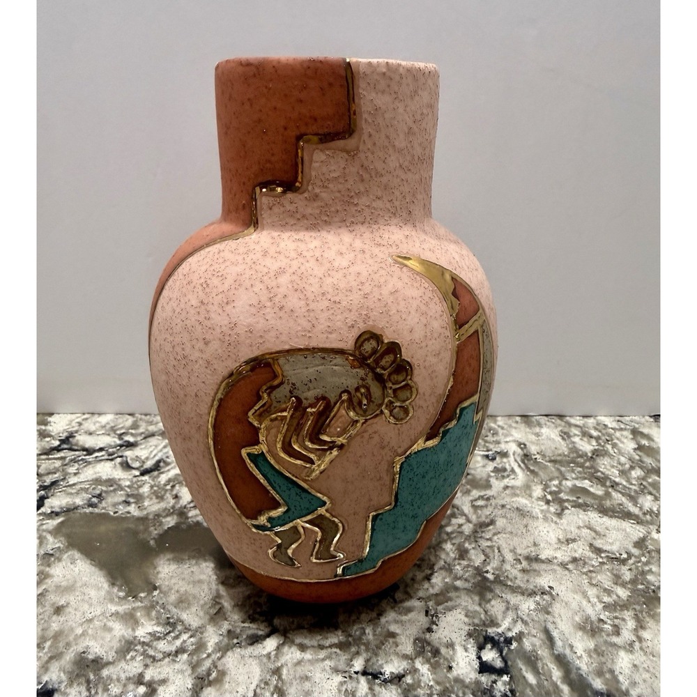 VTG Southwest Pottery Vase Kokopelli Native American Gold Trim 6.75"